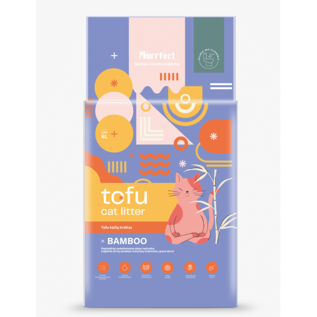 Murrfect bambusa tofu kaķu pakaiši ar aktivēto ogli, smaku mazinoši, bez putekļiem, 6 l